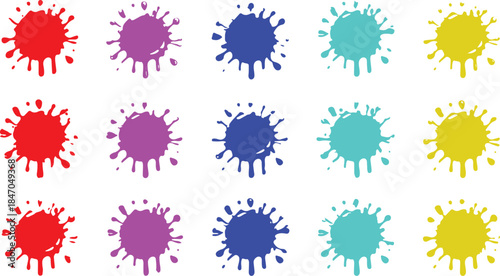 Collection of colorful paint splatters in red purple blue teal and yellow arranged in a grid ink splash