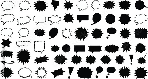 Collection of Black and White Speech Bubbles and Starburst Shapes for Design and Communication Keywords: speech bubble, talk bubble, chat bubble, thought bubble, comic bubble, dialogue bubble