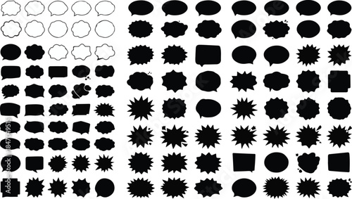 Collection of diverse black silhouette speech bubbles and starburst shapes on a white background thought bubble