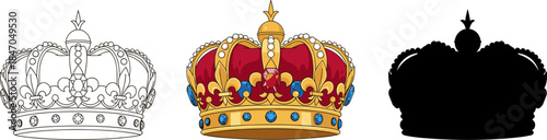 Luxury royal crown with jewels and red velvet, king or queen heraldic symbol vector set.