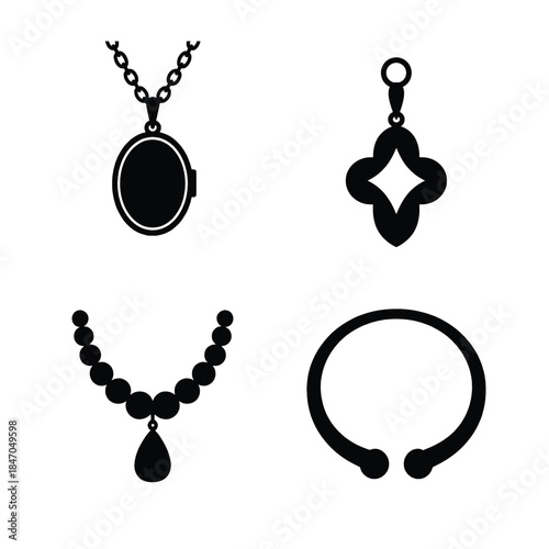 Black Jewelry Icons Set Necklace Bracelet Earrings