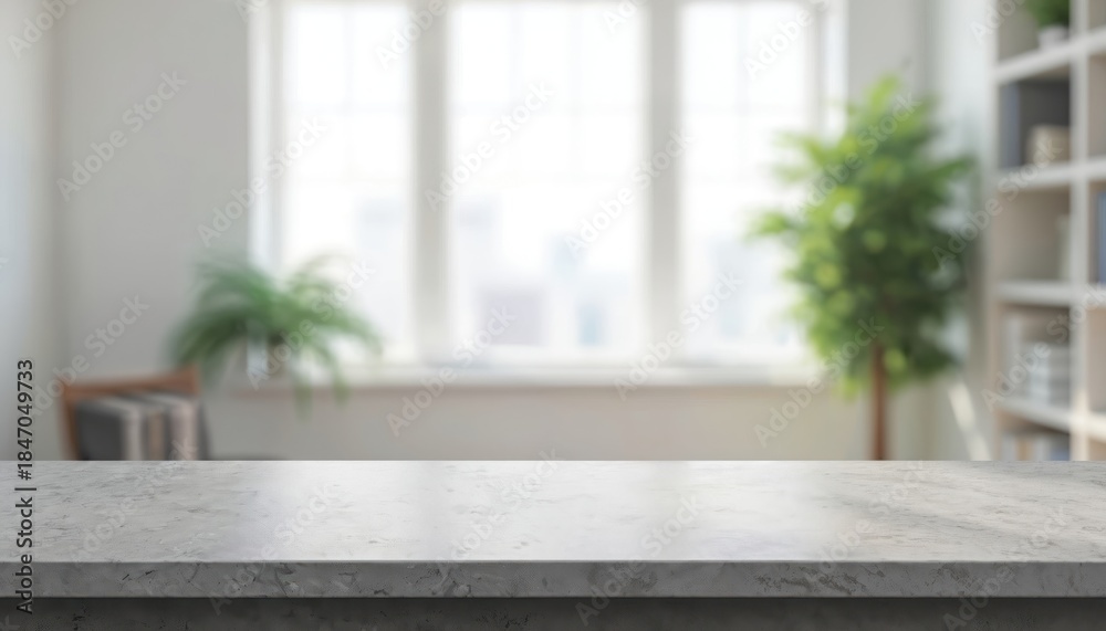 Fototapeta premium Empty marble desk surface in bright modern office with blurred background. Natural light streams through window illuminating interior plants and bookshelf. Clean minimalist workspace.