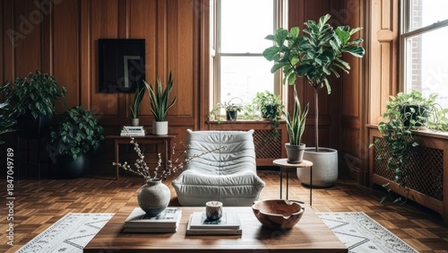Wood-paneled room with plants, chair, wood floor, area rug and natural light