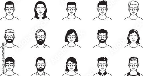 Collection of Male and Female Avatar Icons with Glasses in Outline Style on White Background Keywords: avatar, icon, profile, user, person, male, female, man, woman, people, faces, heads