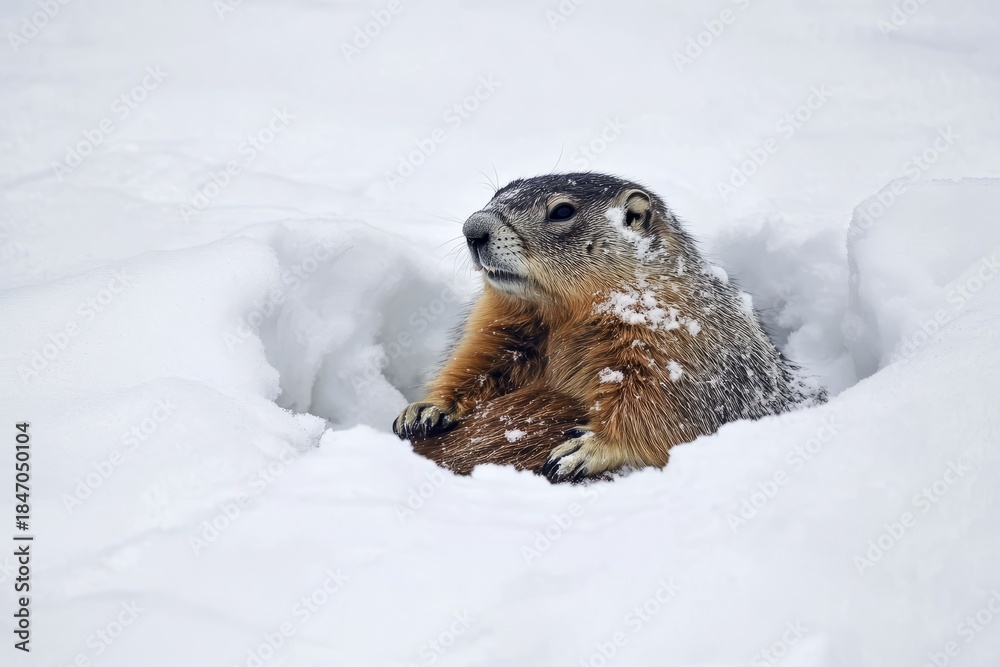 Obraz premium Groundhog resting in a snowy landscape, surrounded by soft white snow, capturing the essence of winter and the spirit of Groundhog Day