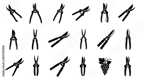 Pruning shears icons set with various garden secateurs for cutting branches and grape vines, minimalist style
