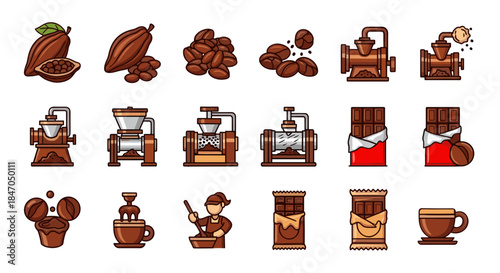 Cocoa Beans: Illustrated steps of a chocolatier making a tasty chocolate bar treat and drink