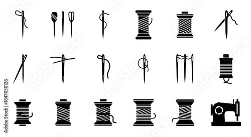 Sewing tools icons set with needles and thread, spools of yarn and a classic sewing machine, minimalist style
