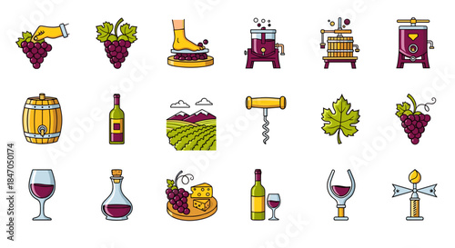 Icons illustrating the wine-making process from grapes to glass