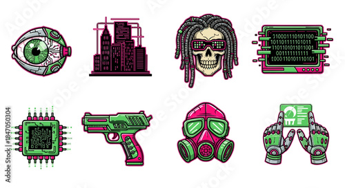 Cyberpunk set showcasing futuristic and technological elements with vibrant highlights