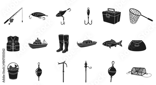 Fishing Tools and Equipment Icons in Gray for Design Projects