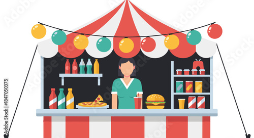 Food stall illustration with vendor selling pizza, burgers and drinks at a striped festival kiosk decorated with colorful string lights, flat style

