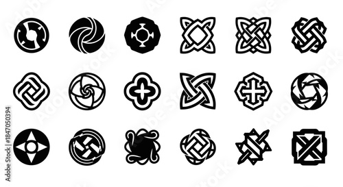 Celtic knot icons set with circular and square ornamental symbols, interlaced lines and abstract patterns, minimalist style
