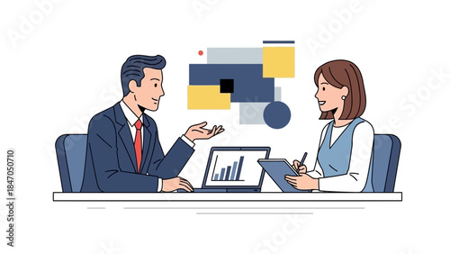Businessman and woman discussing data on laptop in modern office