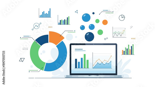 Vibrant business analytics and data visualization on modern laptop