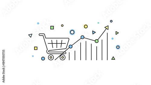 E-commerce shopping cart with growing sales graph and colorful geometric shapes