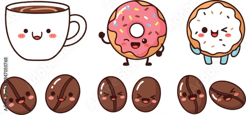 Kawaii Coffee Donut and Bean Food Icon Set