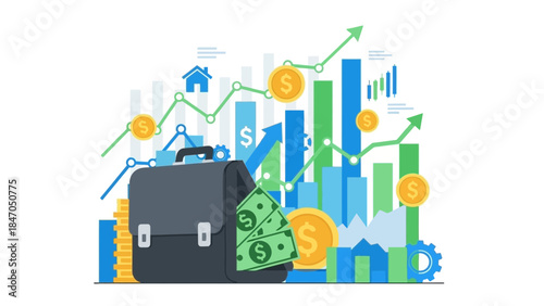 Business finance concept with briefcase, money and growth charts