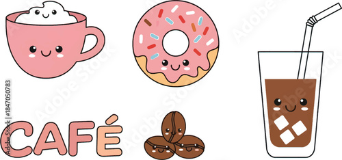 Kawaii Pink Cafe Donuts and Coffee Drink Set