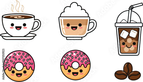 Kawaii Iced and Hot Coffee Donut Food Icon Set