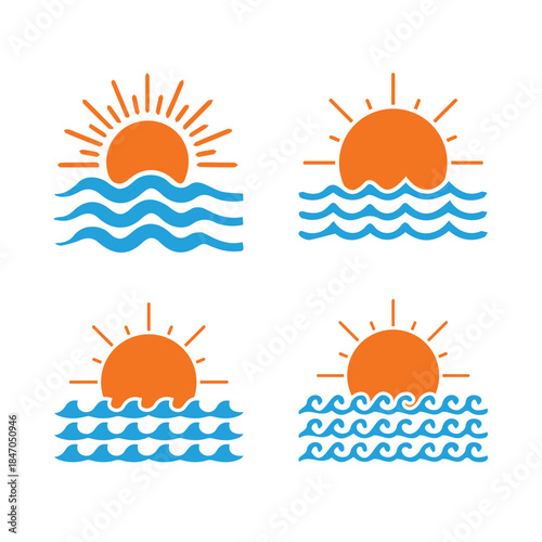 Sun over water color logo icons, Set of four stylized sunrise or sunset over sea water wave, Vector Illustration.
