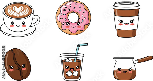 Kawaii Latte Art Donut and Cezve Coffee Icon Set