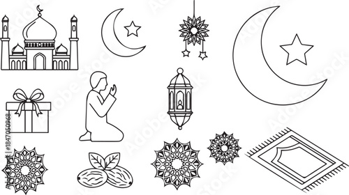 Ramadan Kareem Outline Icons Set with Mosque and Lantern