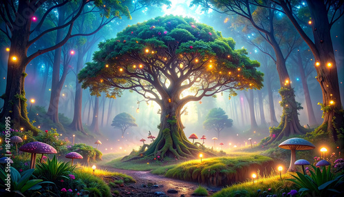 Enchanted forest path leading to a luminous ancient tree with glowing fairy lights fantasy