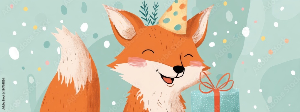 Obraz premium Joyful Fox Celebration with Party Hat and Gift in Colorful Background, Perfect for Festive Illustrations