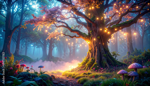 Enchanted forest with glowing lights and magical mushrooms on a misty path image photo