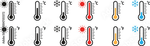 Thermometer vector icon set showing temperature levels. Weather forecast graphic with hot and cold indicators. Thermometer with temperature scale vector illustrator isolated on transparent background.