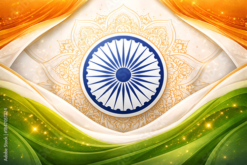 Indian Tricolor Background with Ashoka Chakra and Decorative Mandala Design