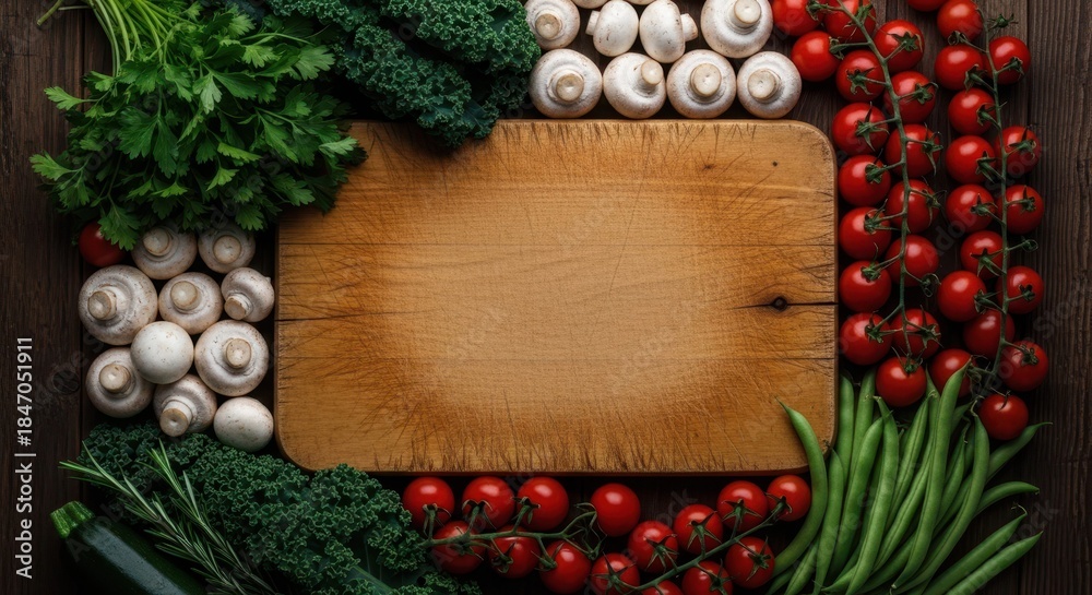Fototapeta premium Fresh vegetables and mushrooms arranged around a rustic wooden cutting board for cooking