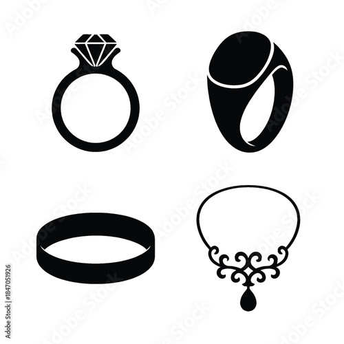 Four Black Silhouette Icons of Rings and a Necklace Pendant diamond ring engagement ring