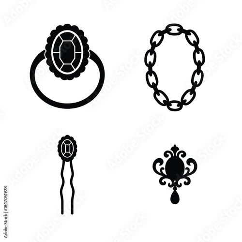 Four Black Silhouette Icons of Jewelry and Hair Accessories Keywords: icon, symbol, pendant, charm, jewelry, design