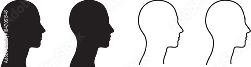 Profile Silhouettes of Human Heads in Black and White Outline and Solid Fill face