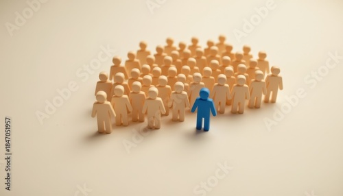 Group of wooden figures with one blue figure standing out in a diverse crowd on a neutral background representing individuality or leadership