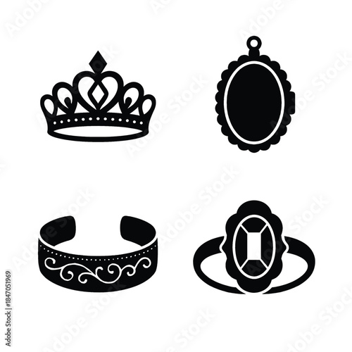 Set of Black Jewelry Silhouettes Featuring Crown Locket Bracelet and Gemstone Ring Keywords: jewelry, silhouette