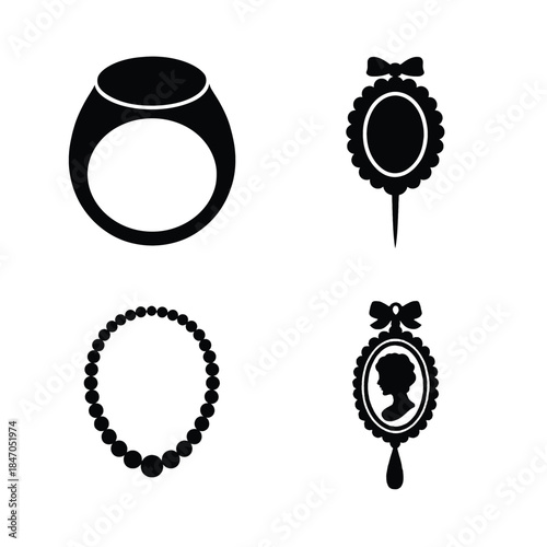Collection of Vintage Jewelry Silhouettes Featuring Ring Necklace and Cameos vector