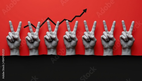 Hands Making Peace Signs Against a Bold Red Background with a Rising Graph Design Symbolizing Growth and Positivity