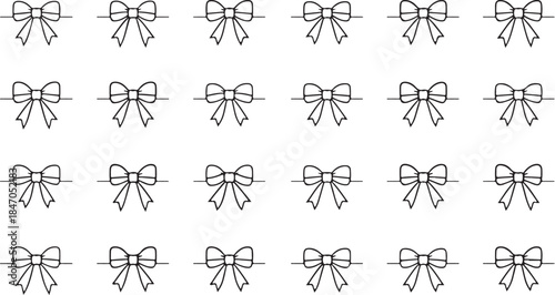 Repeating pattern of simple black outline bows arranged in rows on a white background ribbon gift