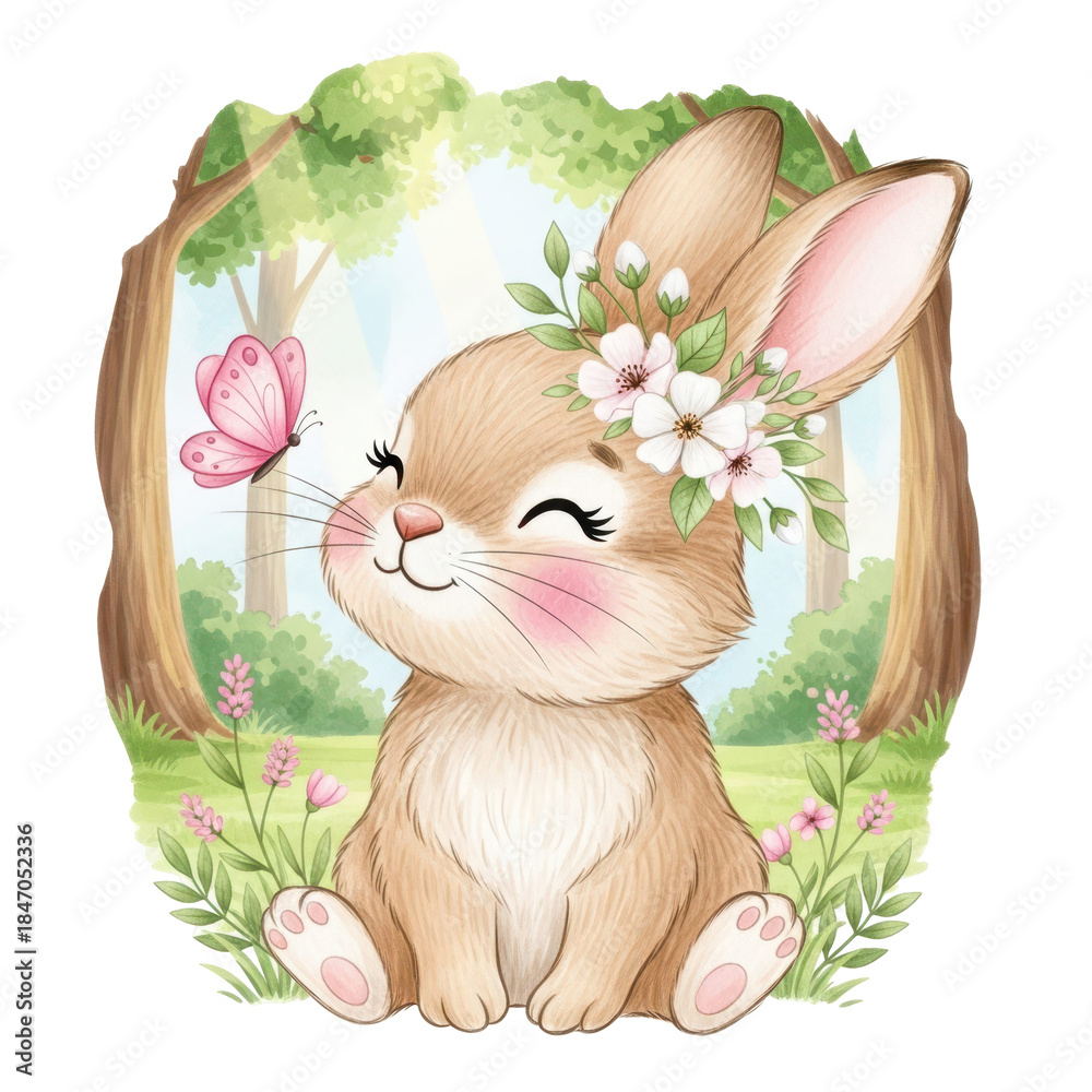 Naklejka premium Cute cartoon bunny with flowers in hair and a butterfly in a forest setting