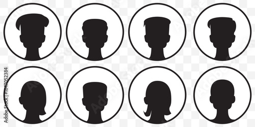 Black and white user profile icons for men and women in suits and casual wear avatar person icon On Transparent Background. EPS 10.