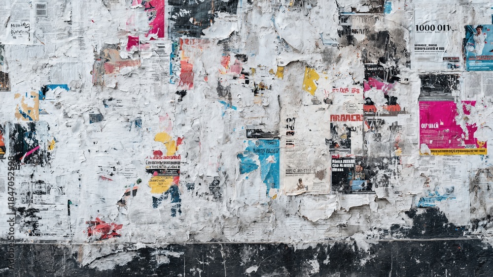 Fototapeta premium Weathered urban wall with torn posters and peeling layers revealing an aged, textured surface