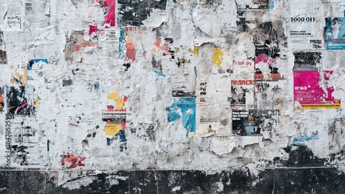 Weathered urban wall with torn posters and peeling layers revealing an aged, textured surface