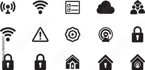 Set of Black and White Icons Representing Technology and Security Concepts Keywords: icons, technology, security, wifi, signal, cloud, lock, house, home, people, group, alert, warning, play, media