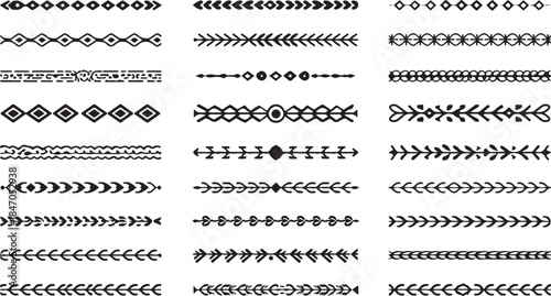 Set of Hand- Drawn Tribal and Ethnic Decorative Borders and Dividers Keywords: border, divider, decorative, ethnic, tribal, pattern, design, element, hand-drawn, illustration, graphic, abstract