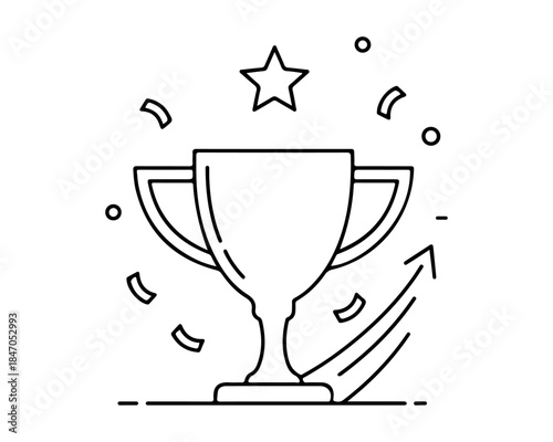 Outline illustration depicting a shining trophy cup with a star and confetti, symbolizing successful achievement, recognition, and growth for top performers and winners in any competition or endeavor