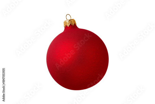 A beautiful red Christmas tree ball with a gold cap. Christmas tree ornament. Detailed, high-quality view. Isolated on a white background. For holiday decor.