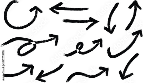 Set of Black Brush Stroke Arrows on White Background